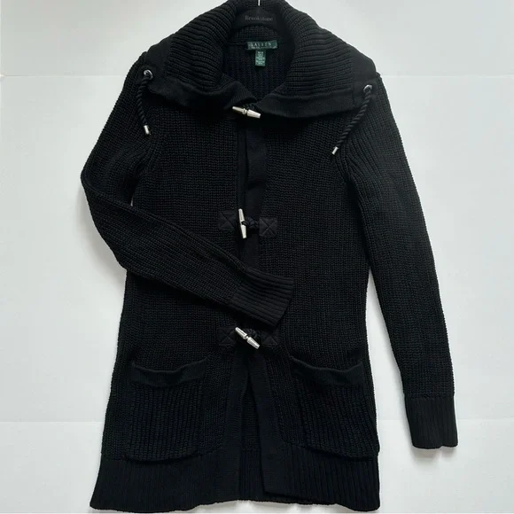 Ralph Lauren Black 100% Cotton Knit Shawl Collar Toggle Cardigan Women’s Sz Med - Picture 1 of 10